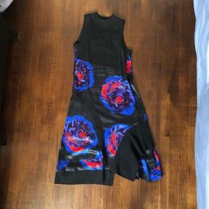 Mixed media black knit dress w/ silk flower print